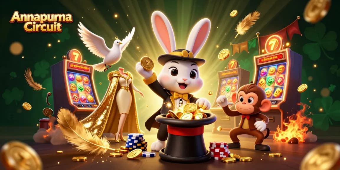 Annapurna Circuit themed illustration featuring a magician rabbit, sparkling coins, and slot machines.