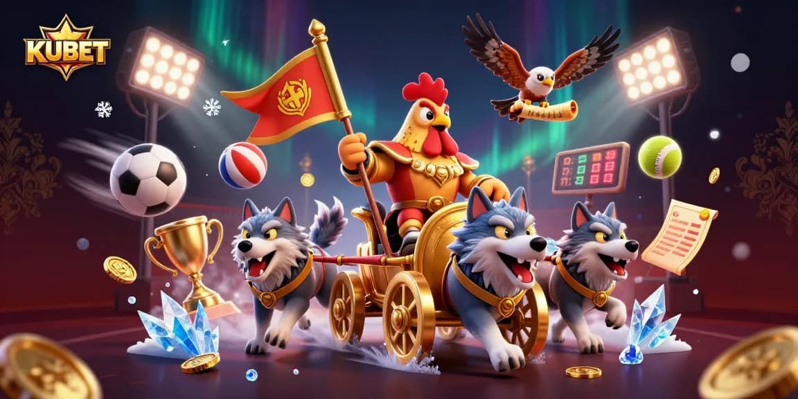 Taruhan sepak bola dengan KUBET, chariot perang emas dan bola olahraga dinamis.