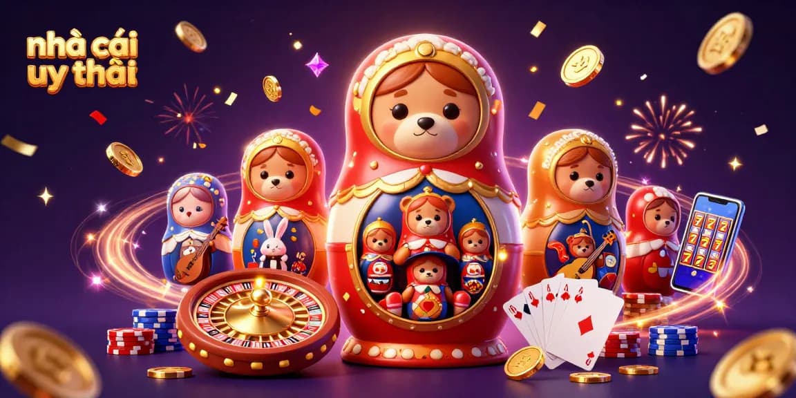 Engage with the vibrant scene of nhà cái uy tín featuring a matryoshka bear and casino elements showcasing exciting gaming essentials.