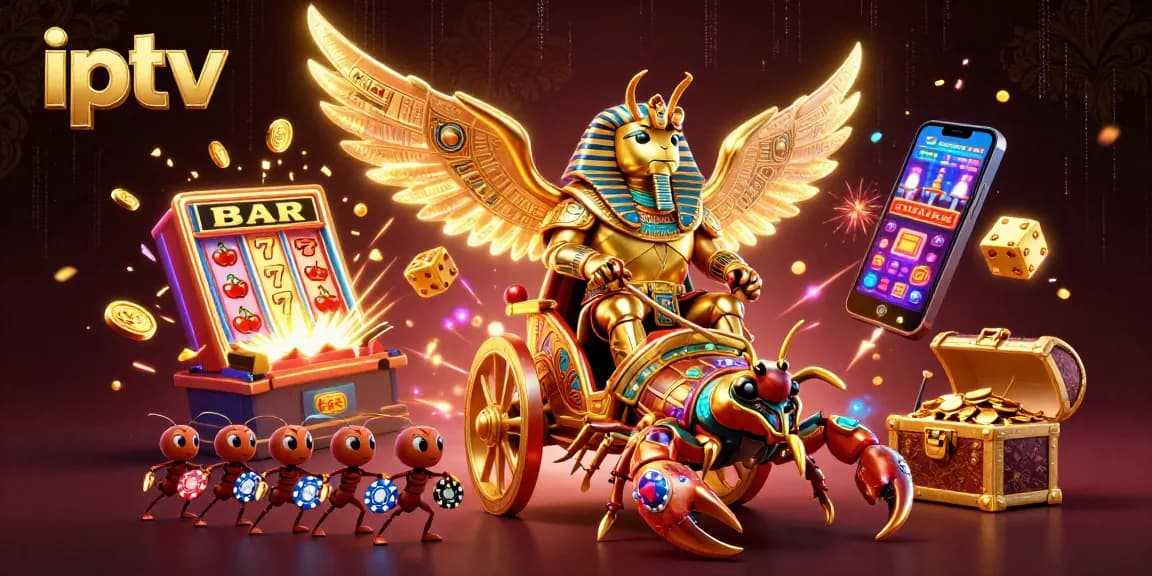 Play with iptv as a colossal scarab beetle leads a dynamic casino scene filled with vibrant gaming elements.