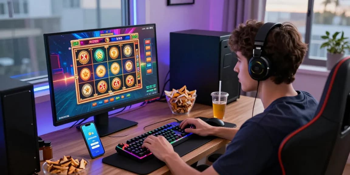 Player enjoying a vibrant slot game with deposit pulsa tanpa potongan, surrounded by gaming gear in a cozy setup.