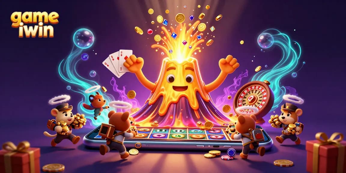 Win big with game iwin featured in a colorful chaotic gambling scene.