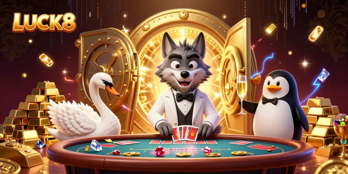LUCK8 offers a vibrant casino scene with a baccarat table, elegant characters, and treasures.