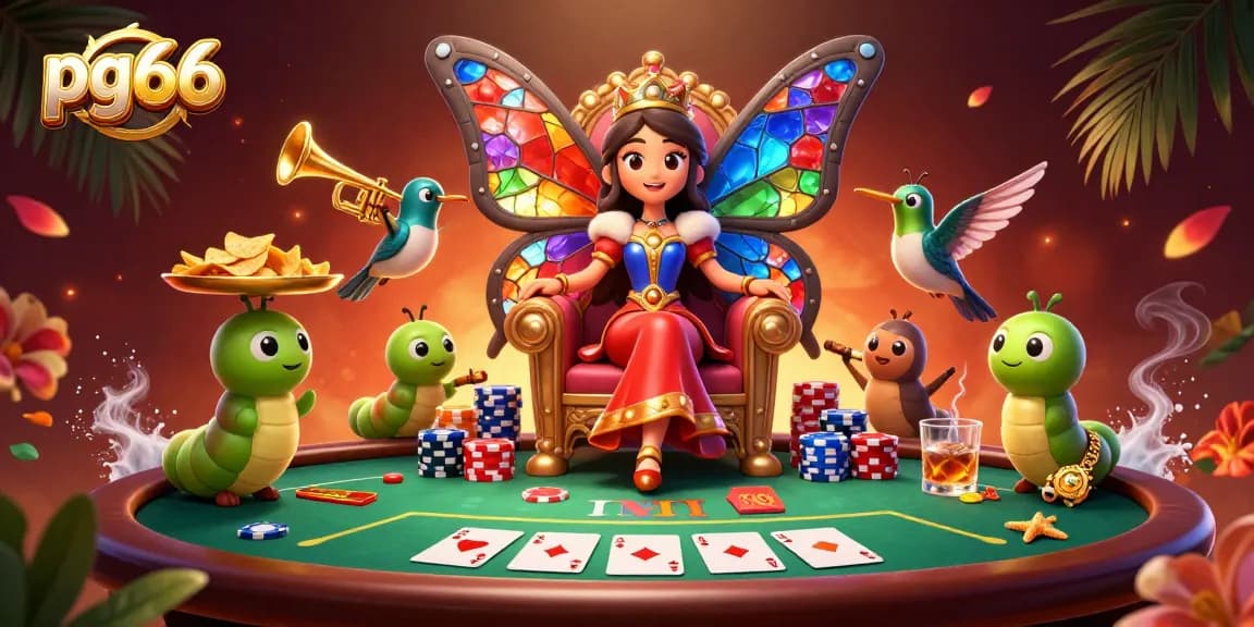 Experience the excitement of pg66 casino with a vibrant butterfly queen and poker elements.