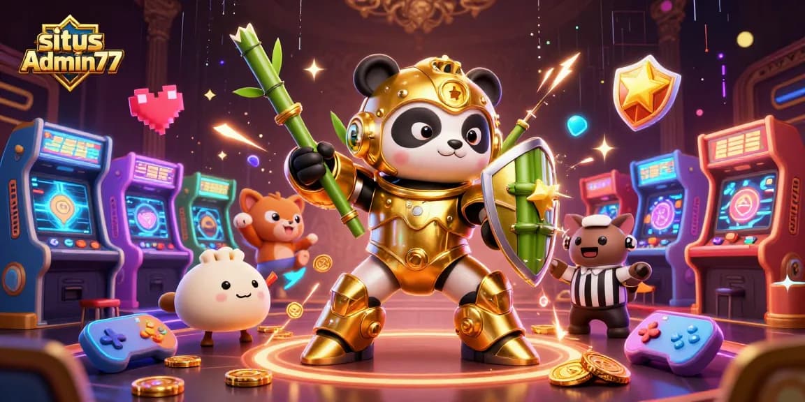 situs Admin77 showcases thrilling gameplay with a dynamic mech-suit panda in a vibrant casino arena.