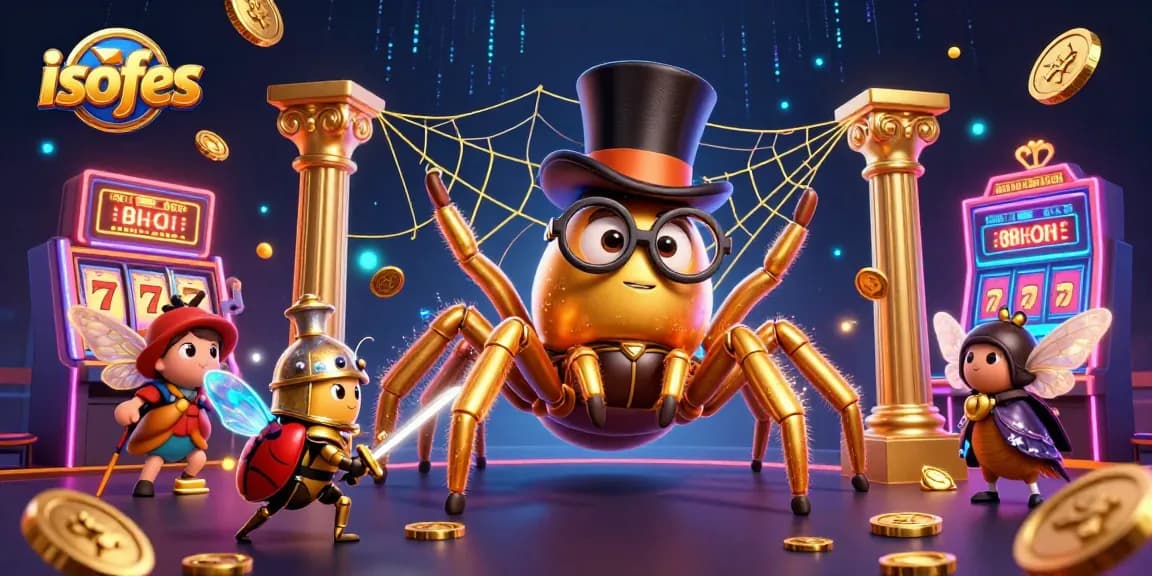 Experience the excitement of isofes with a vibrant casino scene featuring a golden tarantula and beetle knight.