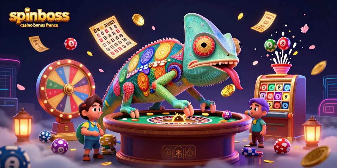 Découvrez le bonus du casino SpinBoss France avec un animateur de casino caméléon captivant et des éléments de jeu dynamiques.