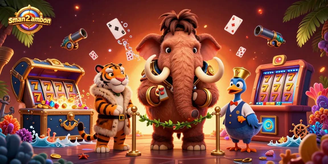 Ilustrasi kasino 3D sman2ambon dengan mammoth, harimau sabertooth, dan burung dodo di tengah permainan