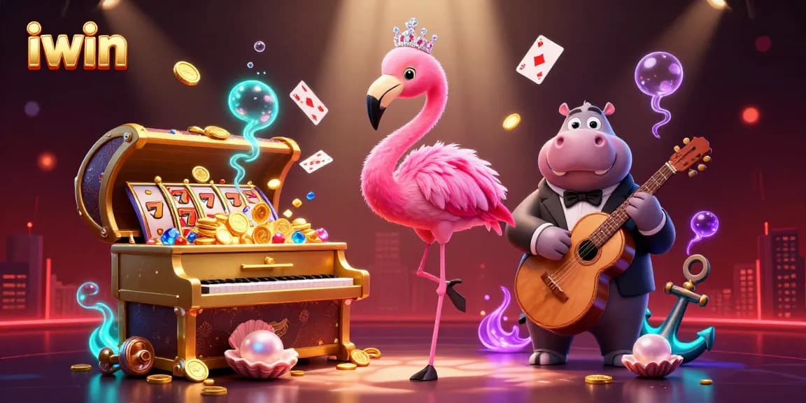 Engage with iwin's colorful casino illustration featuring vibrant characters and dynamic gaming elements.