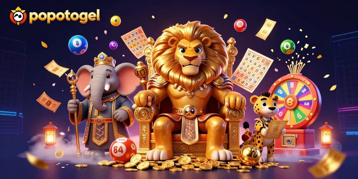 Engage with popotogel as lottery balls fly around a royal scene of luck and excitement.