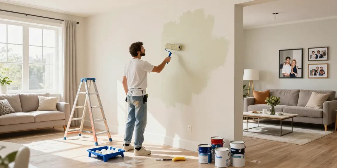 Painter applying fresh paint in a stylish living room, highlighting professional painting services.