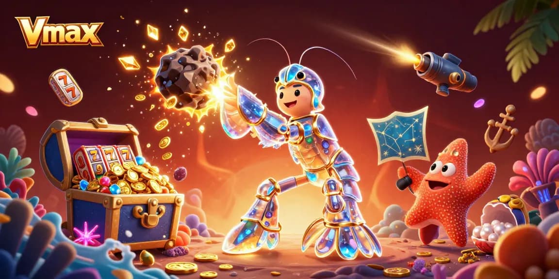 Experience the excitement of winning jackpots with Vmax's vibrant casino-themed 3D illustration.