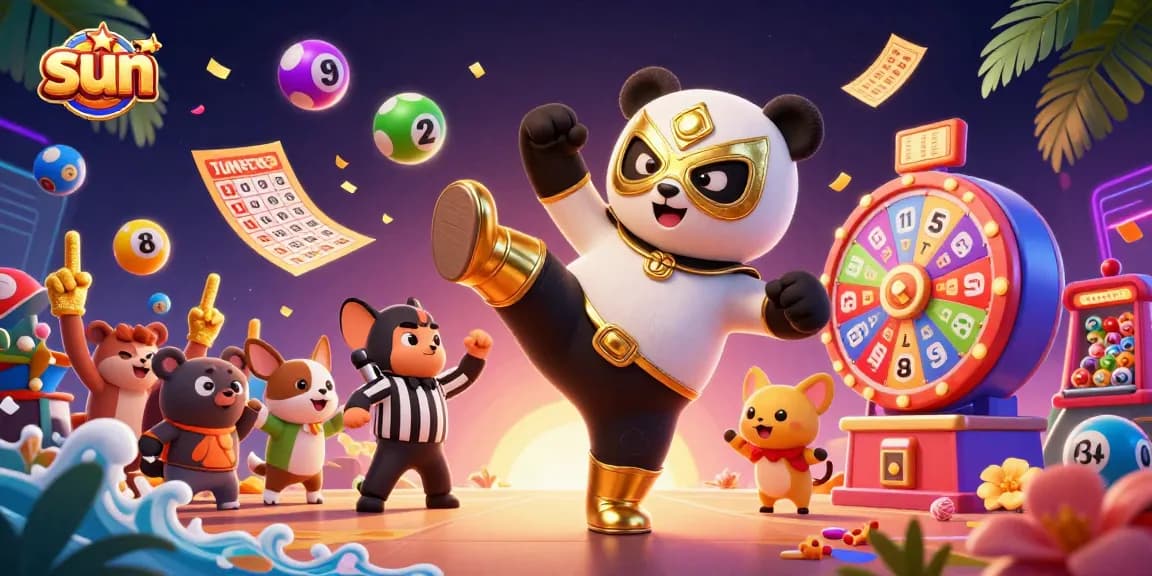 Engage with the sun-themed online gaming experience as a panda performs a winning kick in a lively casino illustration.