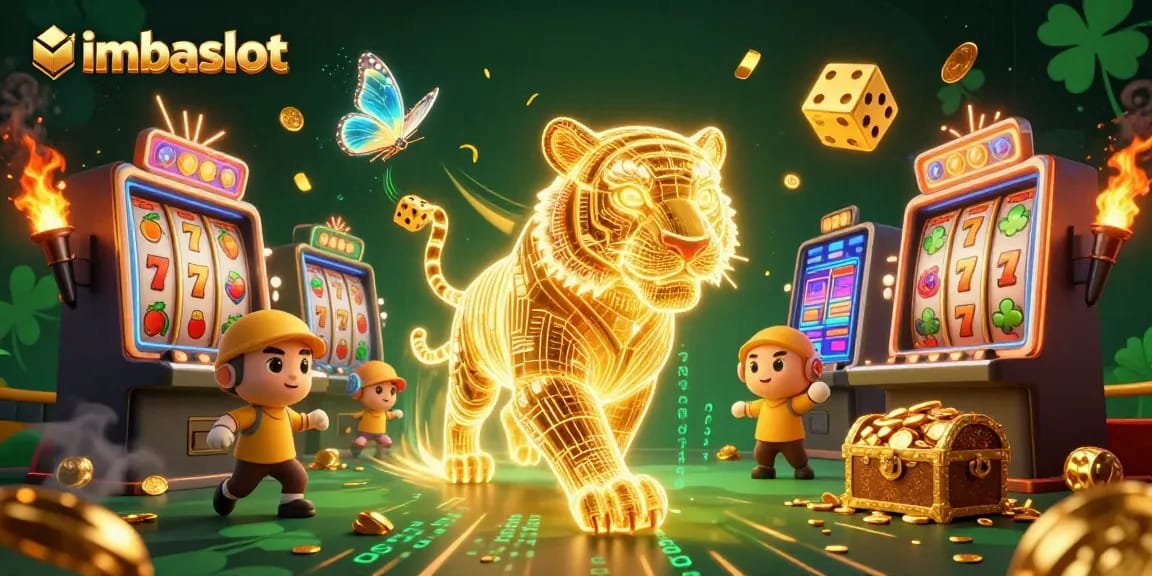 Experience imbaslot with a vibrant 3D scene of a golden tiger in a digital casino.