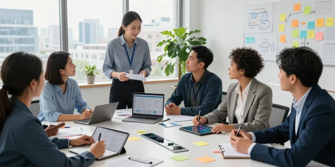 Team collaborating on AI content generation strategies in a modern office, showcasing innovative ideas and technology.