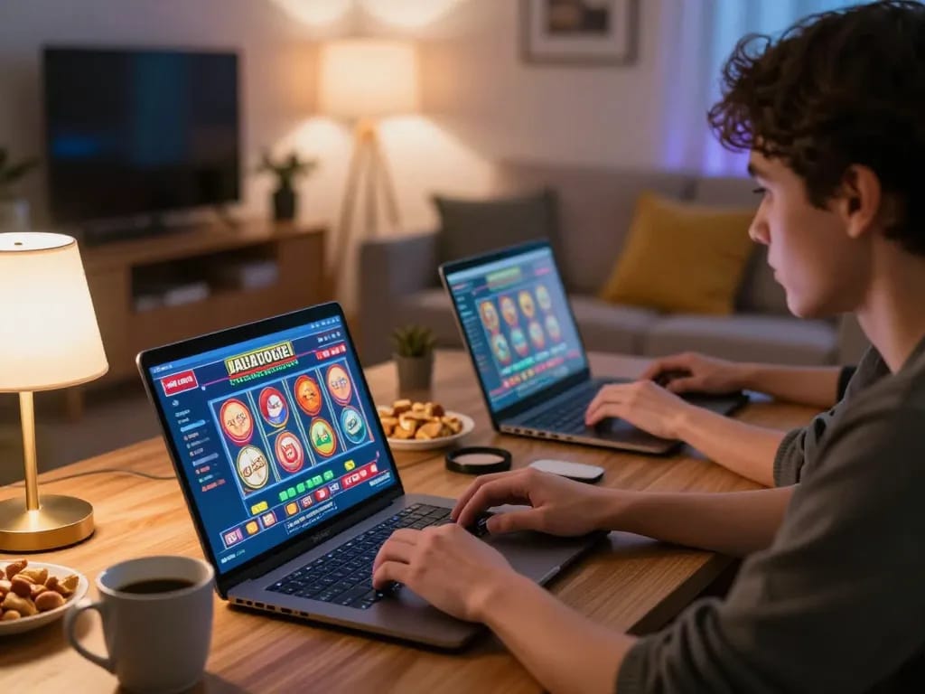 Pemain menikmati slot online jalatogel di suasana rumah yang nyaman dengan camilan dan antarmuka permainan yang hidup.