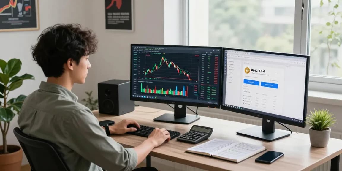 Cryptocurrency trading workspace showcasing Hyperliquid referral code (8000USDT) on monitors, charts, and strategies in a modern home office.