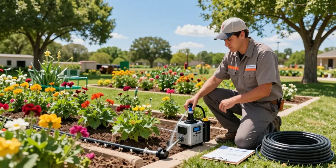 Professional Irrigation Services in Euless, TX - technician inspecting a lush garden with a drip irrigation system in bright outdoor setting.