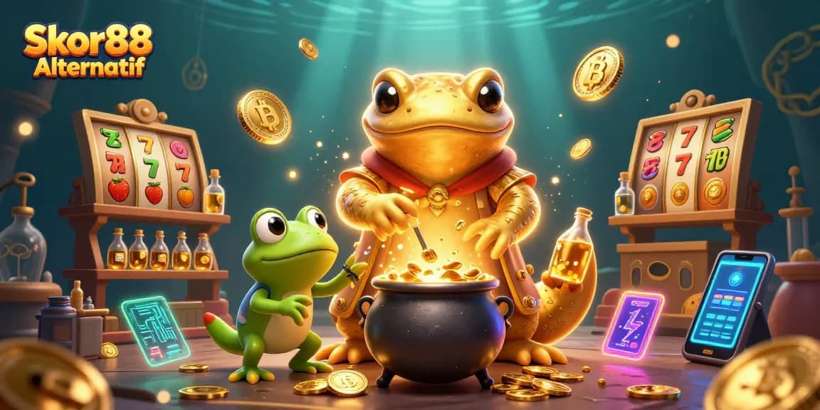 Experience the thrill of Skor88 Alternatif with vibrant slot reels and magical alchemy in action.