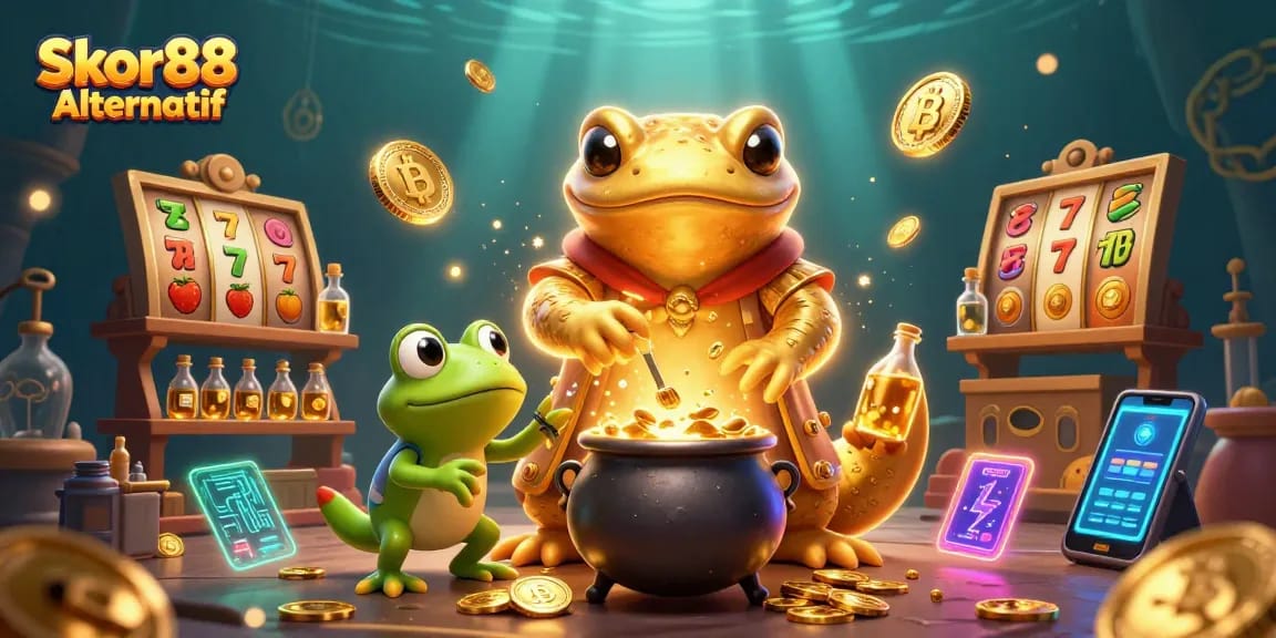 Experience the thrill of Skor88 Alternatif with vibrant slot reels and magical alchemy in action.