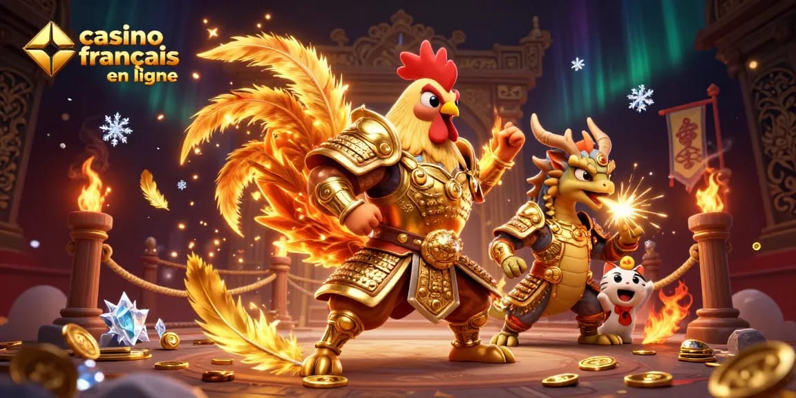 Jouez à un casino francais en ligne avec un guerrier en armure dorée et un dragon fascinant.
