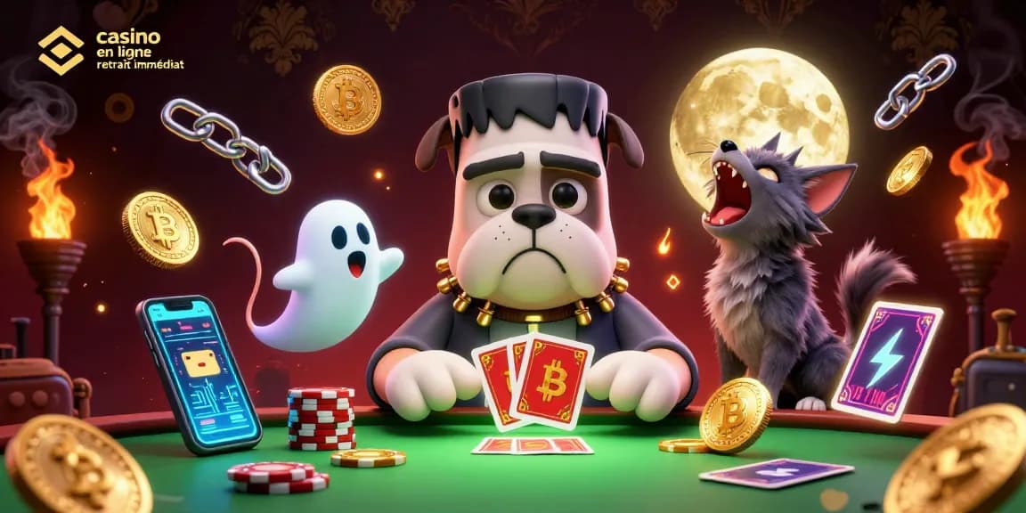 Casino en ligne retrait immédiat avec un bulldog Frankenstein et un chaton loup, ambiance dynamique et spooky.