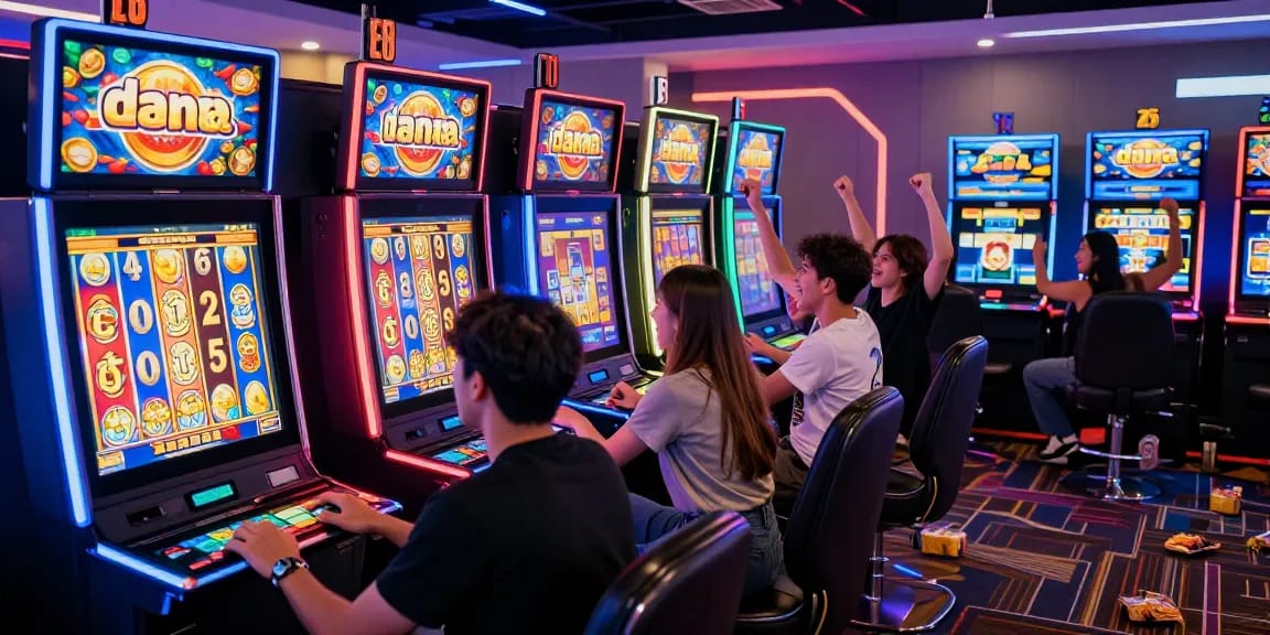 Excited players enjoying slot dana gaming experience at a vibrant online casino.
