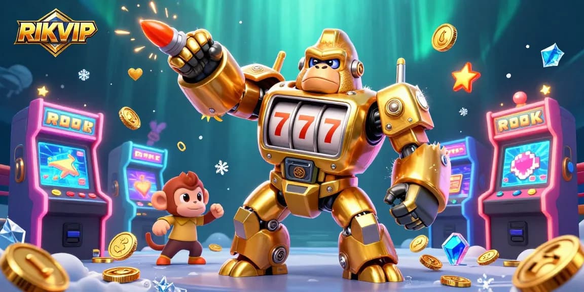 RIKVIP showcases a dynamic 3D scene with a golden gorilla mech and vibrant gaming elements.