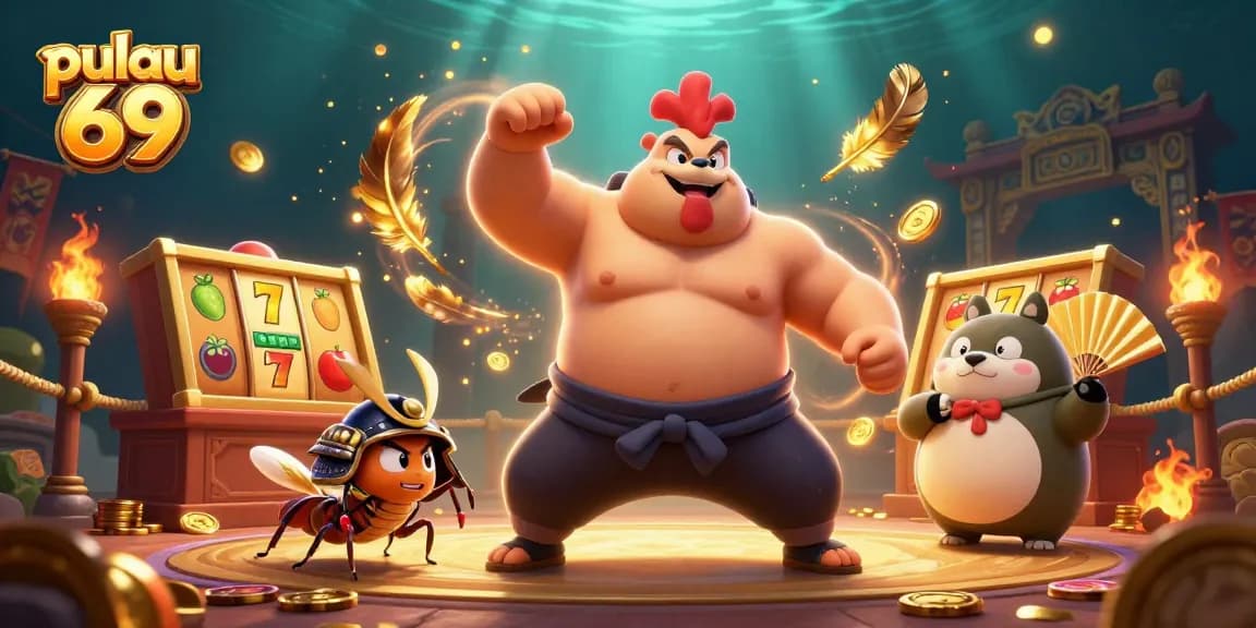 Pulau 69 features an energetic sumo scene with golden slot reels and vibrant characters in a casino setting.