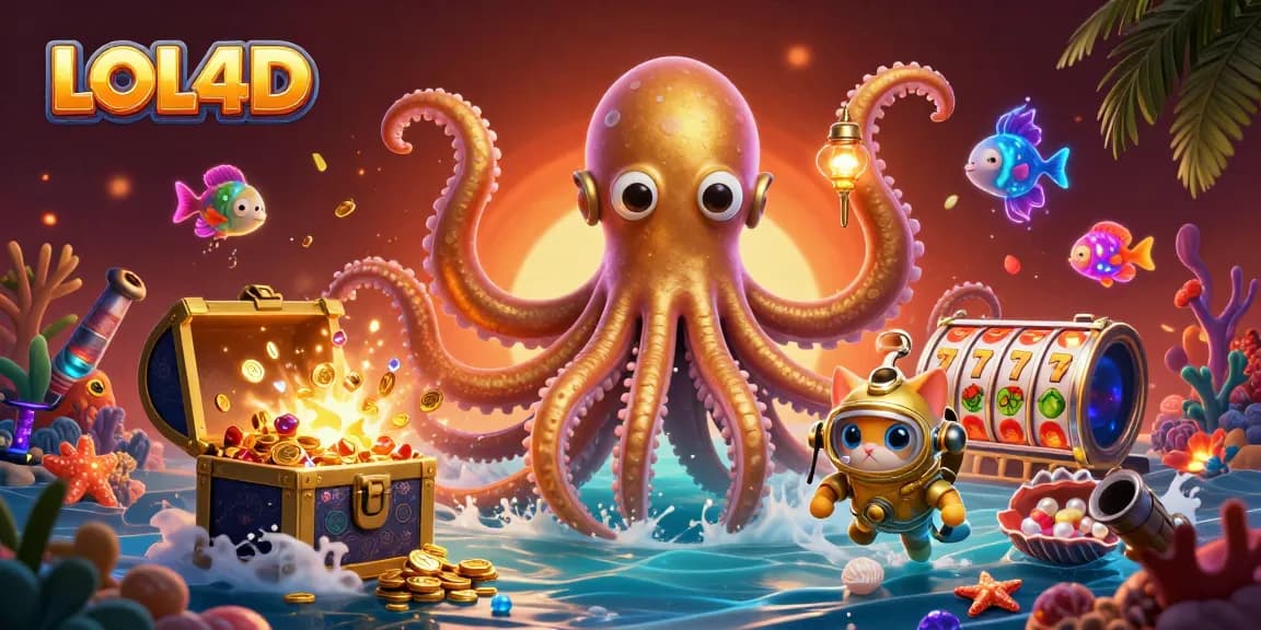 Slot-online jackpot terbaik di LOL4D dengan kraken dan penyelam, penuh gem dan koin emas.