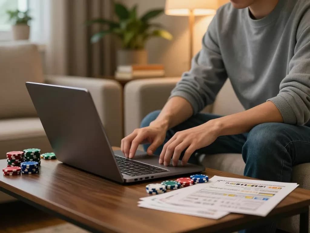 Engaging in responsible online gaming at 78win with strategic notes and laptop.