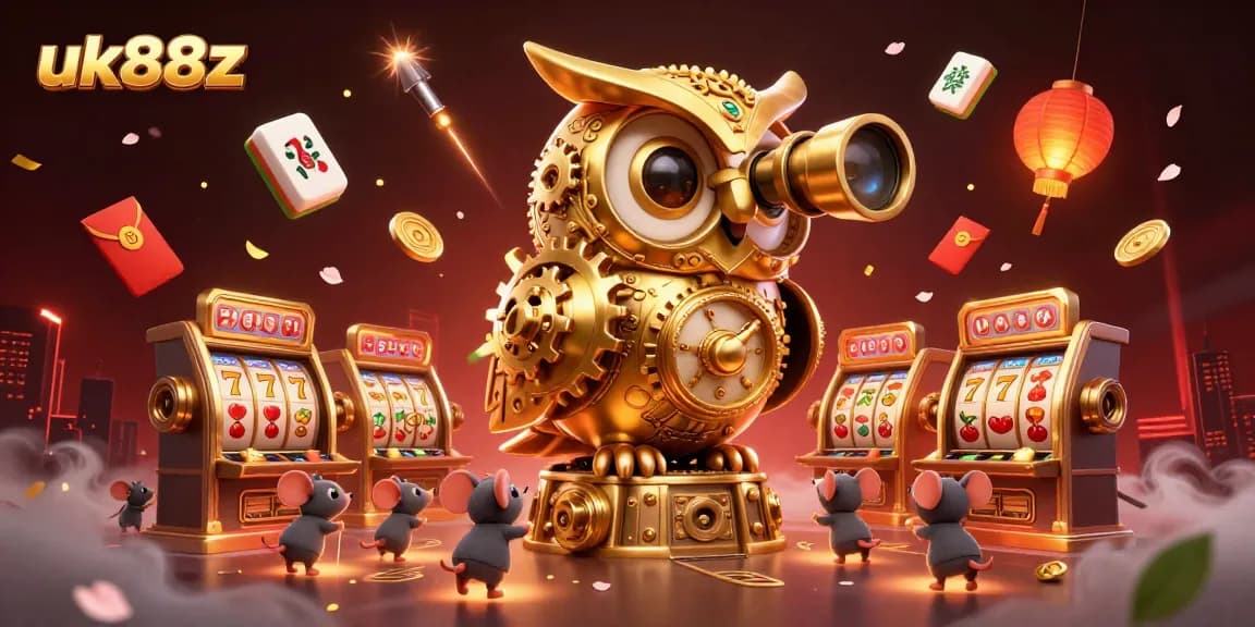 uk88z showcases a clockwork owl overseeing a vibrant casino scene rich with slot reels and festive elements.