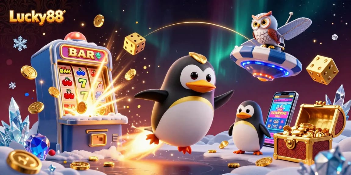 Experience the excitement of Lucky88 with a golden penguin navigating a cosmic casino world filled with vibrant game symbols and treasures.