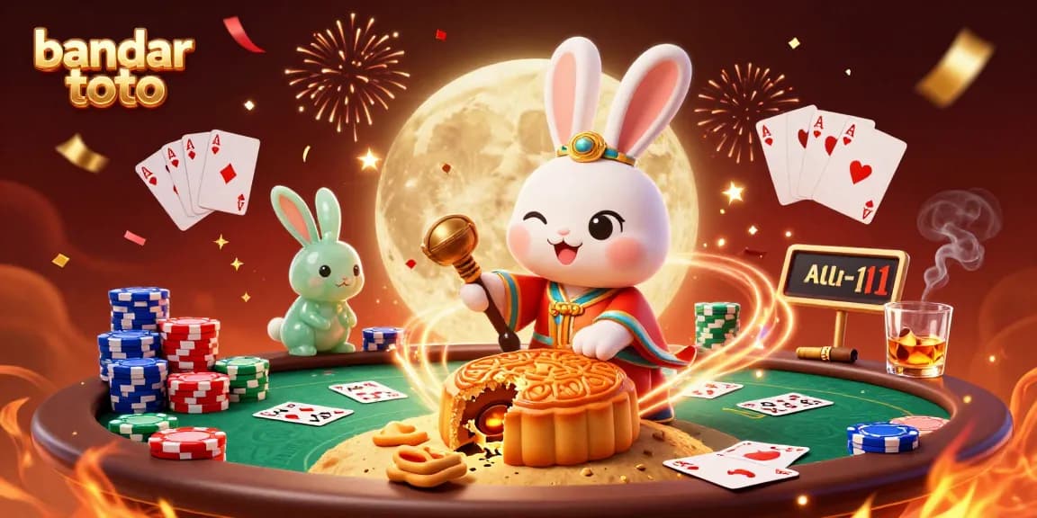 Experience thrilling wins with bandar toto, featuring a lively illustration of a moon rabbit and poker elements.