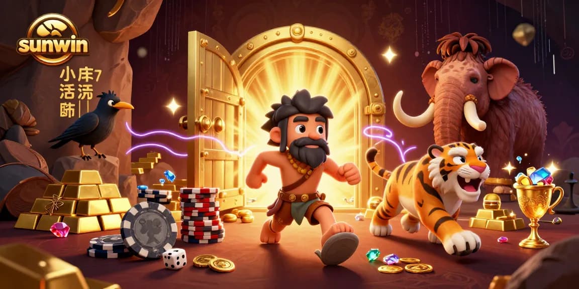 Experience thrilling gameplay at sunwin with a lively illustration showcasing a prehistoric casino scene.