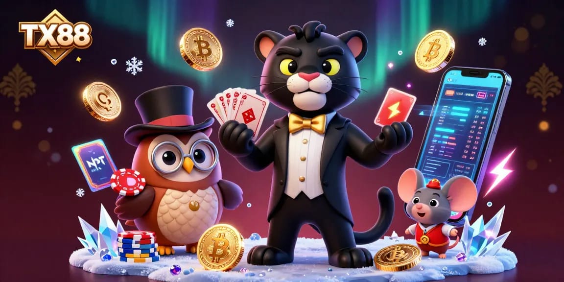 TX88 showcases a stylish black panther and friends engaging at a vibrant casino table.