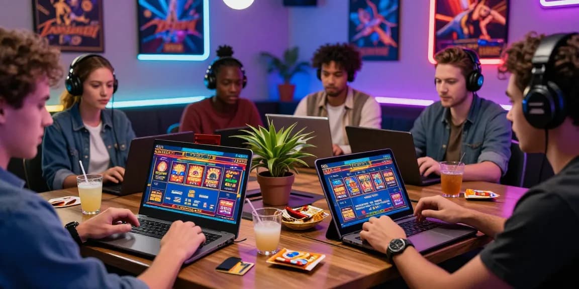 Exciting gaming scene at spinysoft.co.uk showing players enjoying credit card casinos with vibrant graphics and modern devices.