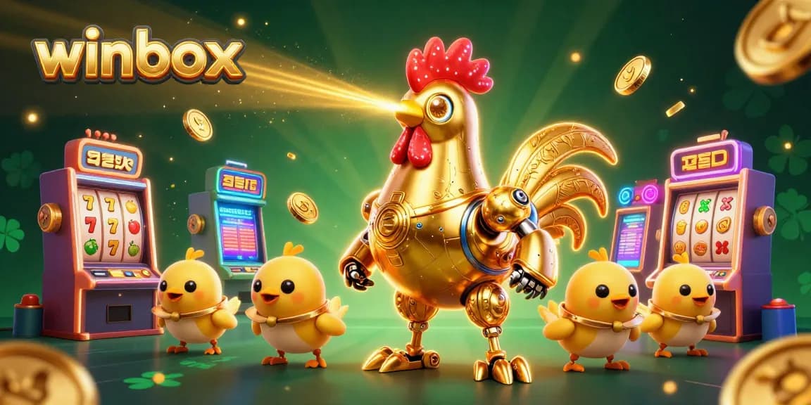 Winbox unleashes the excitement with a dynamic retro-futuristic casino scene full of spinning slot machines.