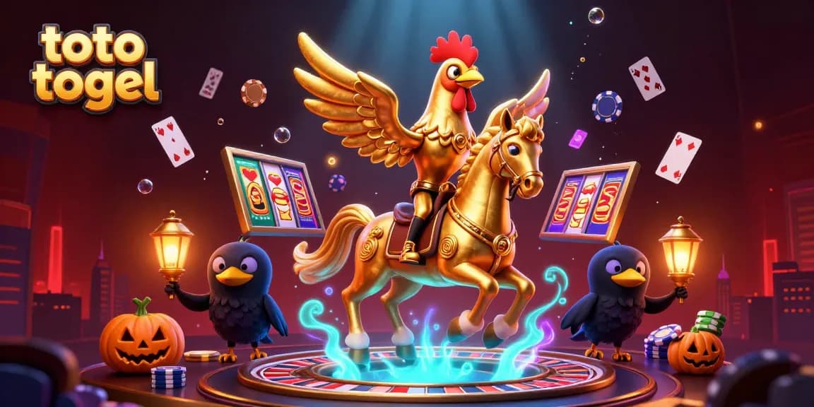 Enjoy thrilling toto togel gameplay with golden rooster characters in an exciting casino setting.