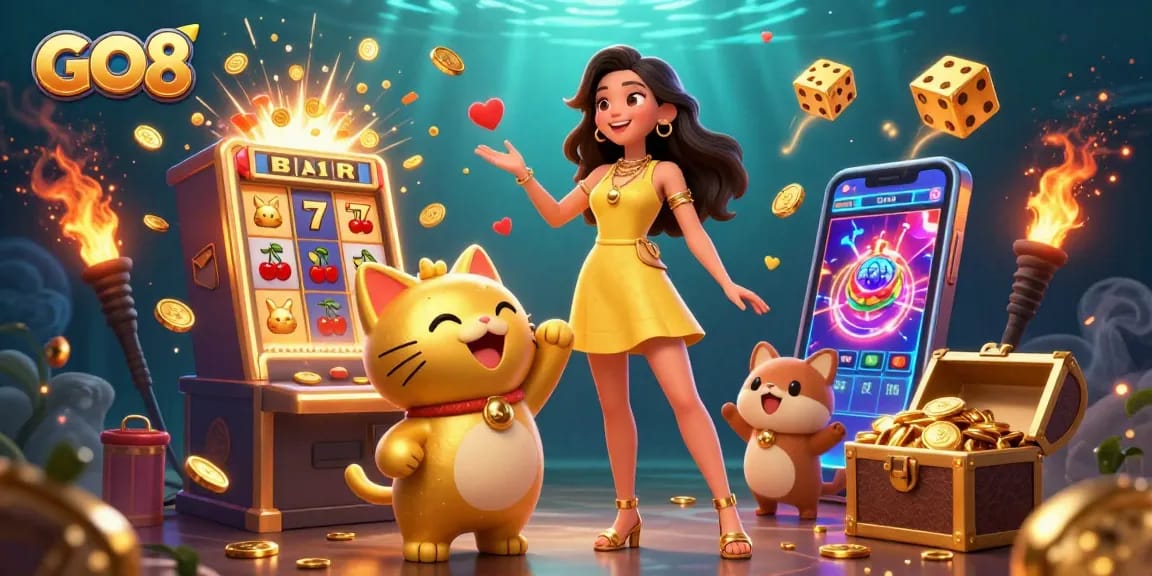 Experience the thrill at GO8 with a vibrant scene showcasing gaming excitement and lucky interactions.