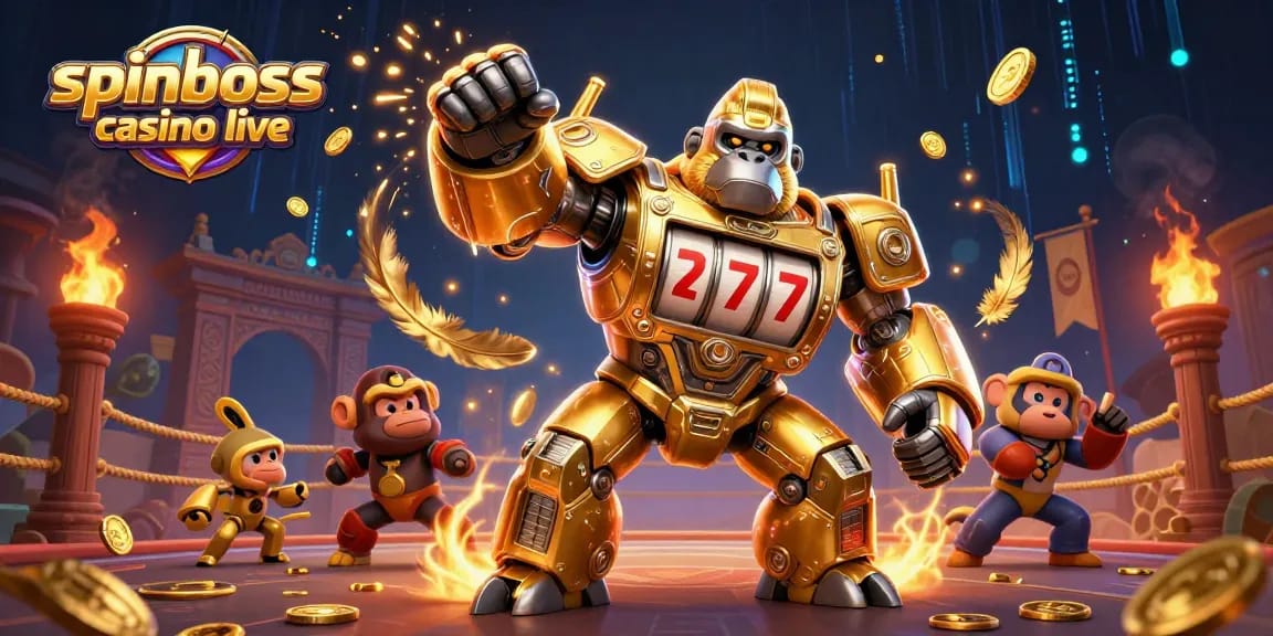 Plonger dans l'action avec spinboss casino live : impressionnante illustration d'un gorille mech en or au milieu de jeux de casino.