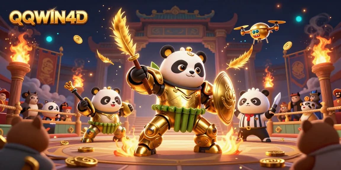 Menangkan permainan QQWIN4D dengan karakter panda emas dan robot bertarung di arena.