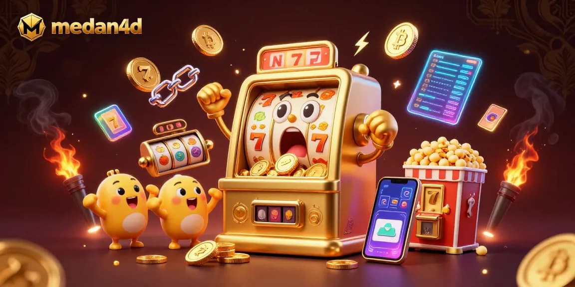 Mesin slot memicu jackpot di medan4d dengan koin berjatuhan dan mesin kecil bersorak.
