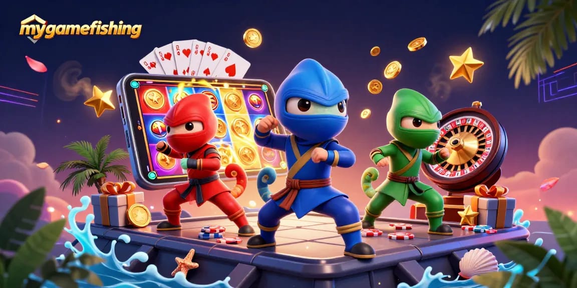 Experience mygamefishing with dynamic ninja chameleons and vibrant casino elements in this 3D illustration.
