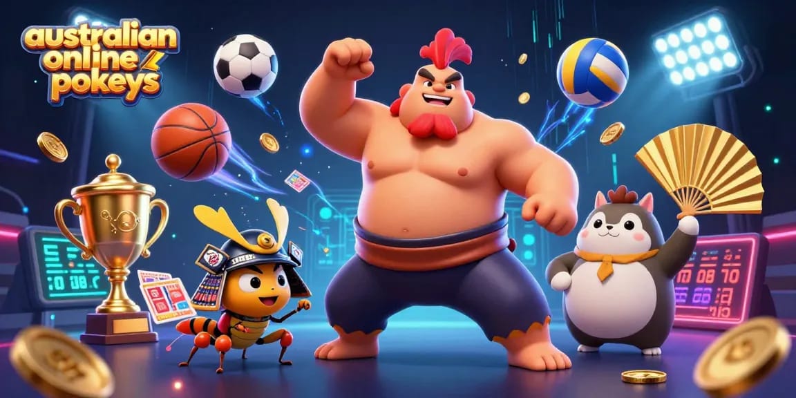 Experience australian online pokies with sumo wrestling, cricket, and dynamic sports elements in 3D illustration.