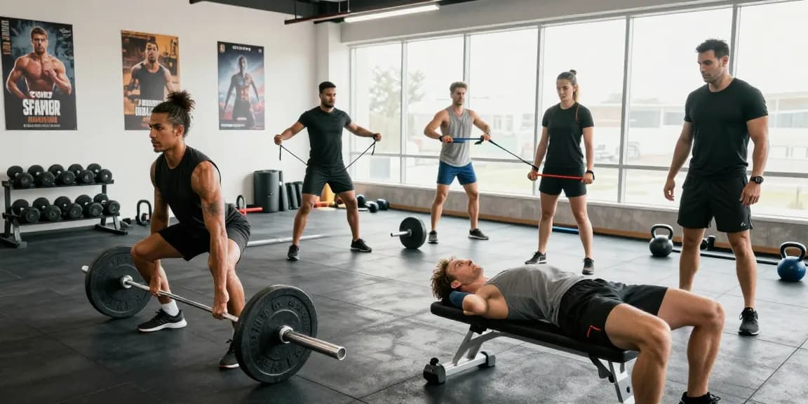 Akra Labs Steroid Shop: Fitnessathleten in modernem Studio beim Krafttraining mit Gewichten und Widerstandsbändern, motivierende Stimmung