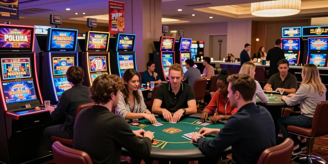 Expérience de casino en ligne où des joueurs s'amusent à des tables de jeux, mettant en avant le divertissement et l'excitation des jeux d'argent.