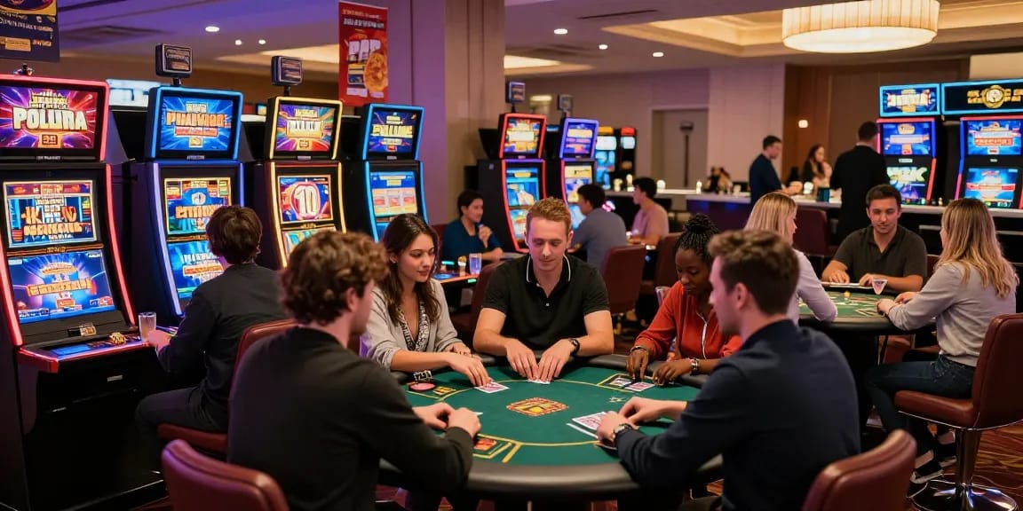 Expérience de casino en ligne où des joueurs s'amusent à des tables de jeux, mettant en avant le divertissement et l'excitation des jeux d'argent.
