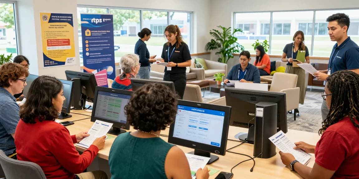 Citizens engaging with the rtps 4 platform for public services at a community center, displaying inclusivity and accessibility in public services.