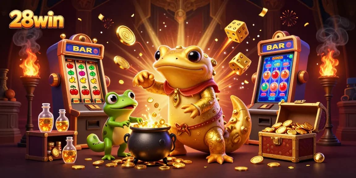 28win players enjoy golden coins and jackpot wins in a vibrant casino scene.